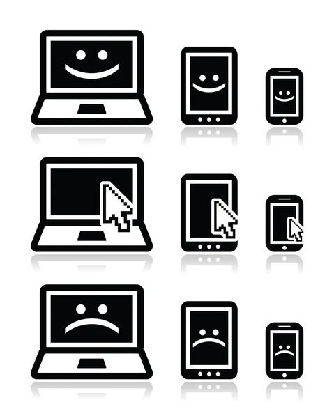 Laptop, tablet and phone with cursor arrow, happy and sad faces — Stock Vector