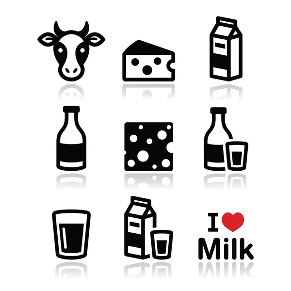 Productos lácteos: conjunto de iconos de vectores de leche y queso — Vector de stock