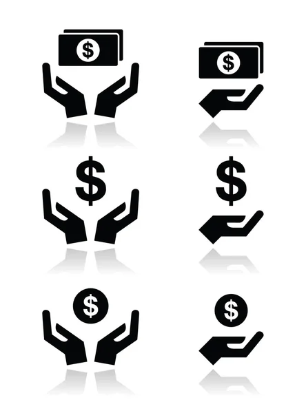 Manos con billete de dólar, conjunto de iconos vectoriales de monedas — Vector de stock