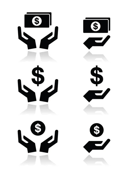 Handen met dollar bankbiljet, munt vector icons set — Stockvector