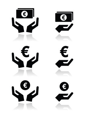 handen met euro biljet, munt vector icons set
