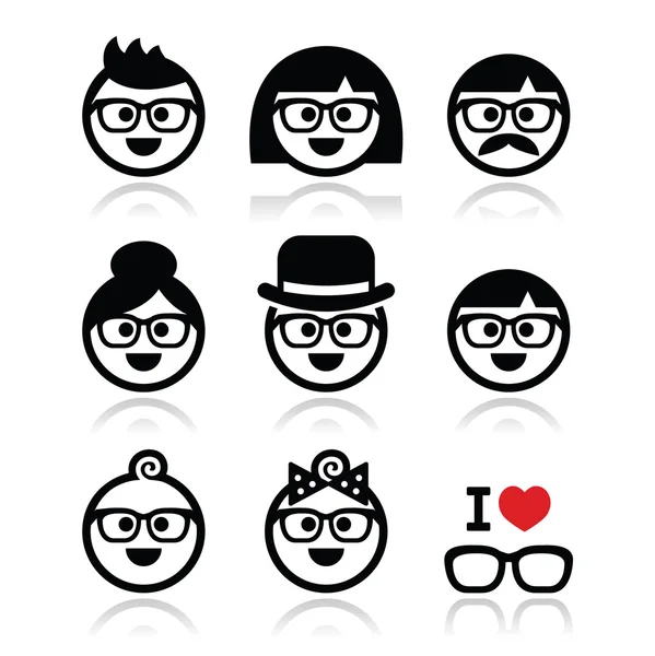 Personnes portant des lunettes, icônes geeks ensemble — Image vectorielle