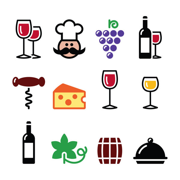 Wine colourful icons set - glass, bottle, restaurant, food