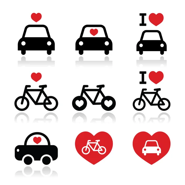 Eu amo carros e bicicletas ícones set — Vetor de Stock