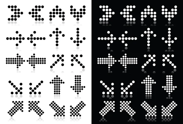 Dotted arrows icons set on white and black background — Stock Vector
