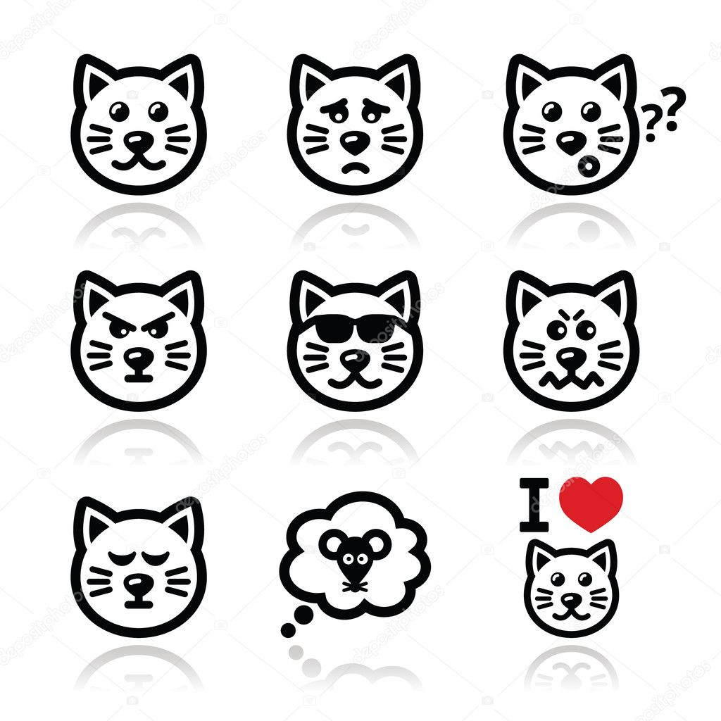 Cat icons set - happy, sad, angry isolated on white