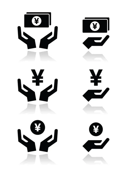 Handen met yen biljet, munt vector icons set — Stockvector