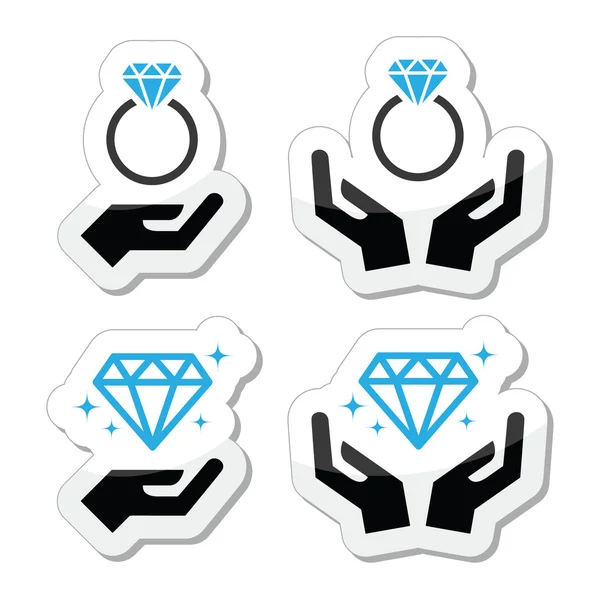 Anillo de compromiso de diamante con manos vector icono — Vector de stock