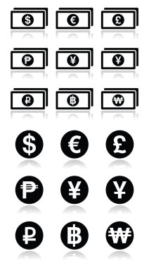 Currency exchange symbols - bank notes and coins icons set clipart