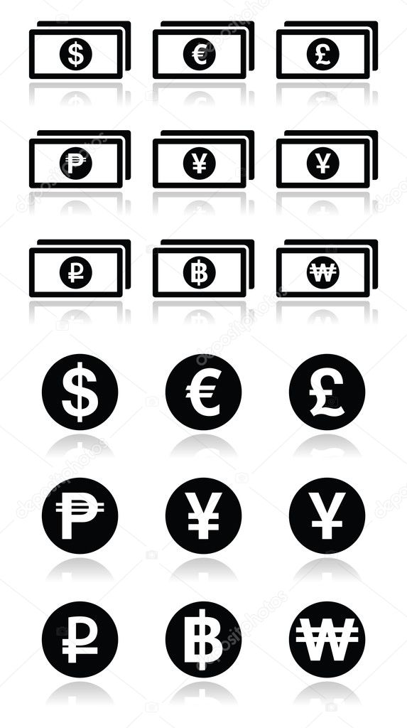 Currency exchange symbols - bank notes and coins icons set