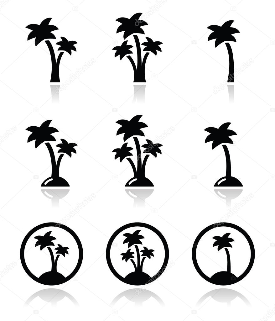 Palm trees, exotic holidays on beach vector icons set
