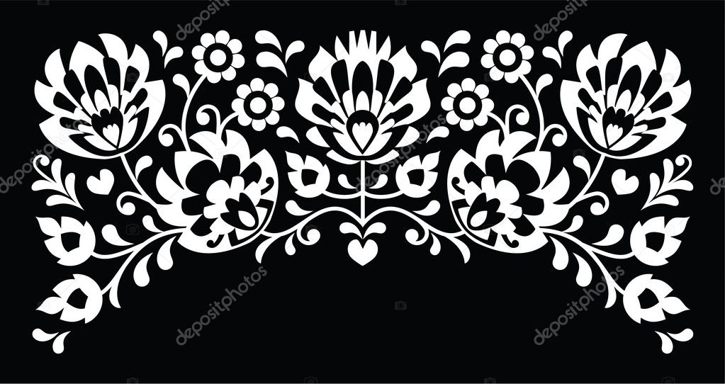 Polish floral folk white embroidery pattern on black background