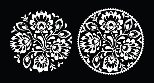 Folkliga broderier med blommor - traditionella polska runda mönster i vitt — Stock vektor