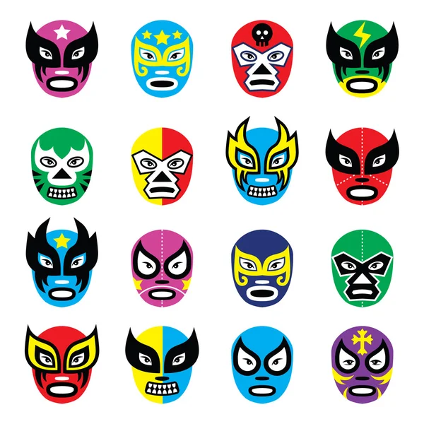 Lucha libre, luchador mexicano lucha libre máscaras iconos — Vector de stock