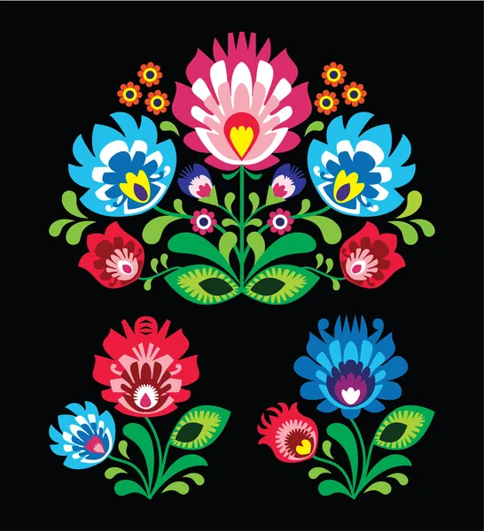 Polish floral folk embroidery pattern on black - wzor lowicki — Stock Vector