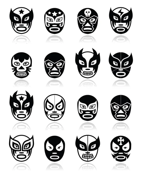 Lucha libre, mexikanischer luchador wrestling schwarze masken symbole — Stockvektor