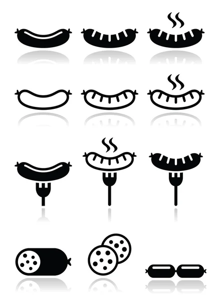 Ensemble de saucisses, grillées ou avec pour icônes — Image vectorielle