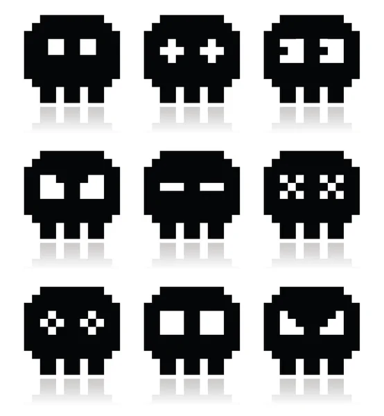 Pixelado 8bit cráneo vector iconos conjunto — Vector de stock