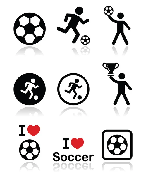 Me encanta el fútbol o el fútbol, hombre patadas bola vector iconos conjunto — Archivo Imágenes Vectoriales