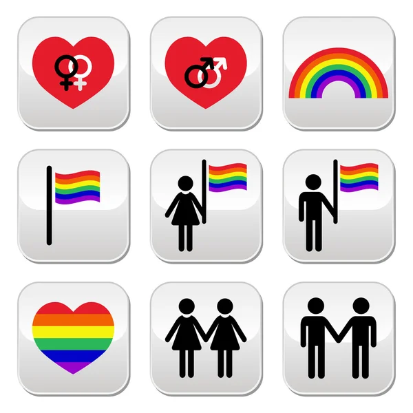 Gay ve lezbiyen çiftler, gökkuşağı vektör düğme kümesi — Stok Vektör