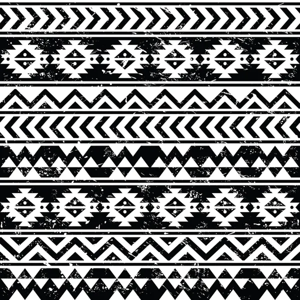 Aztec tribal seamless grunge white pattern on black background — Stock Vector