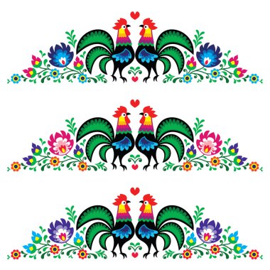 Polish floral folk long embroidery pattern with roosters - wzory lowickie clipart