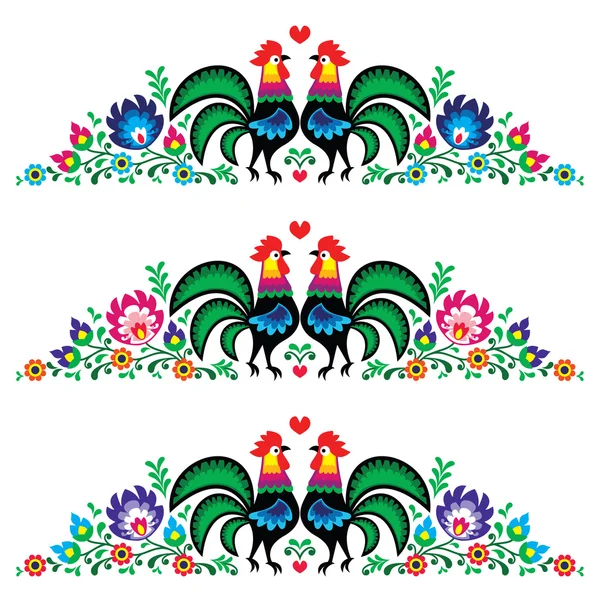 Polish floral folk long embroidery pattern with roosters - wzory lowickie — Stock Vector