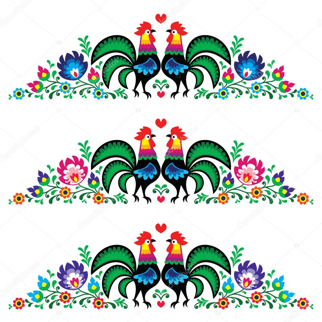 Polish floral folk long embroidery pattern with roosters - wzory lowickie