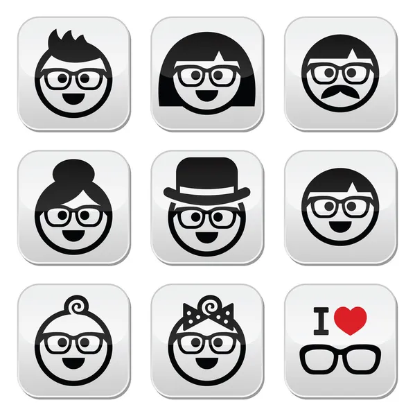 People wearing glasses, geeks icons set — Stock Vector