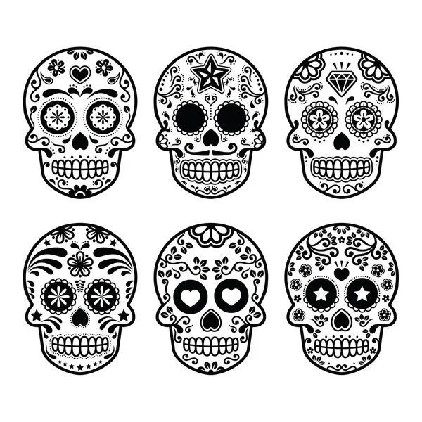 Crâne de sucre mexicain, ensemble d'icônes Dia de los Muertos — Image vectorielle