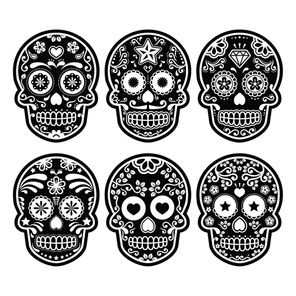 Mexican sugar skull, Dia de los Muertos black icons set — Stock Vector