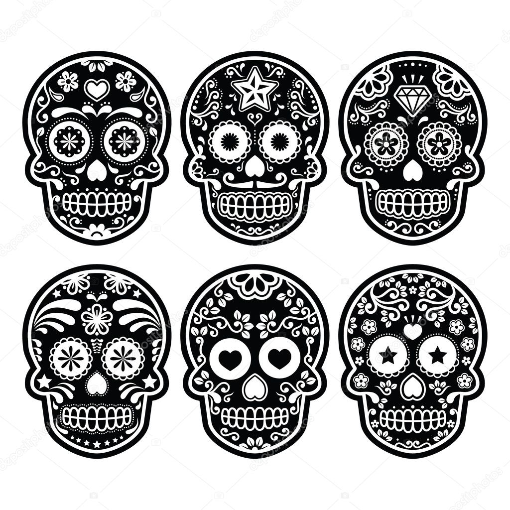 Mexican sugar skull, Dia de los Muertos black icons set