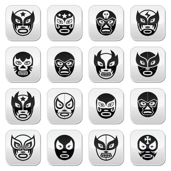 Lucha libre, luchador mexicano lucha libre negro máscaras botones — Archivo Imágenes Vectoriales