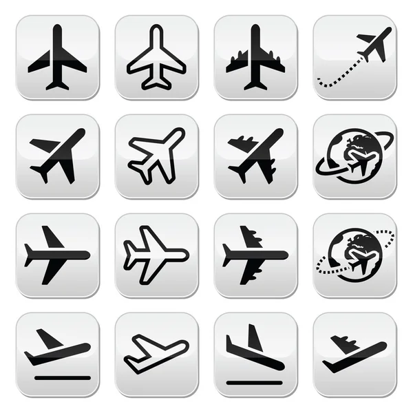 Avión, vuelo, iconos del aeropuerto establecidos — Archivo Imágenes Vectoriales