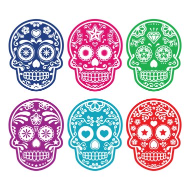 Meksikalı şeker kafatası, dia de los muertos renkli simgeler ayarla