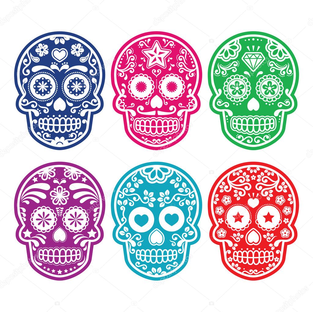 Mexican sugar skull, Dia de los Muertos colorful icons set