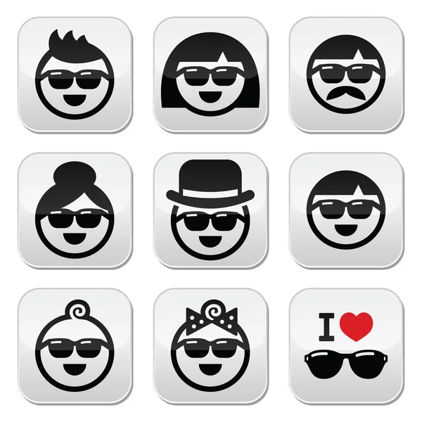Personnes portant des lunettes de soleil, ensemble d'icônes de vacances — Image vectorielle