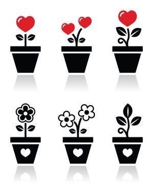 çiçek pot vector Icons set içinde kalp