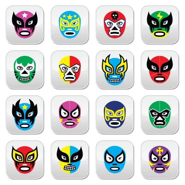 Lucha libre, luchador mexicano lucha libre máscaras iconos — Archivo Imágenes Vectoriales