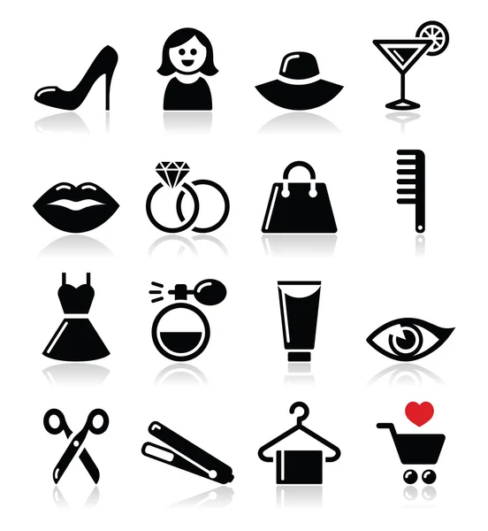 Mujer o niña - conjunto de iconos de vectores de belleza y moda — Vector de stock