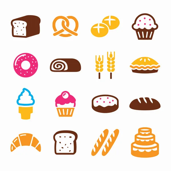 Pékségek, péksütemények ikon készlet - fánk, sütemény, kenyér, cupcake — Stock Vector