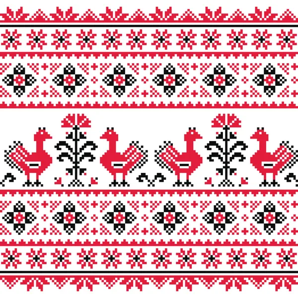 Ukrainian Slavic folk knitted red emboidery pattern with birds — Stock Vector