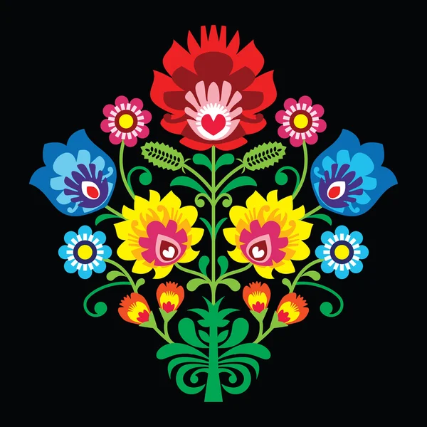 Πολωνική λαϊκή κεντητική με λουλούδια - παραδοσιακό μοτίβο σε μαύρο φόντο — Διανυσματικό Αρχείο