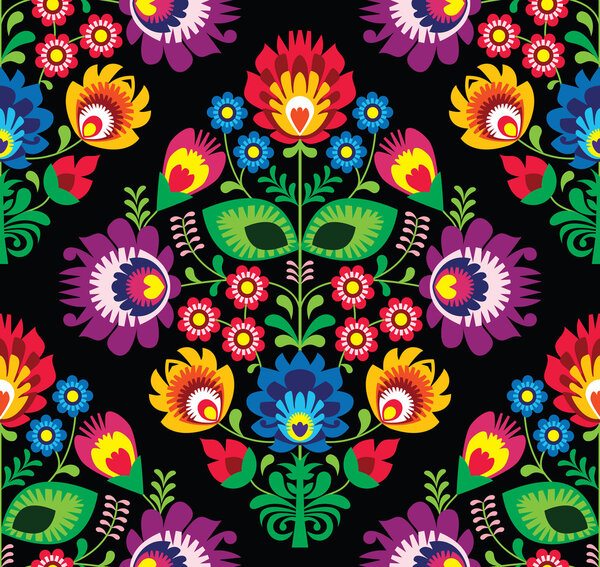 Seamless traditional floral Polish pattern on black