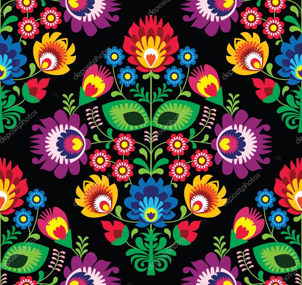 Seamless traditional floral Polish pattern on black — Stock Vector ...