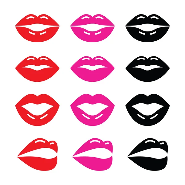 Dudaklar, öpücük kırmızı, pembe ve siyah parlak simgesi — Stok Vektör