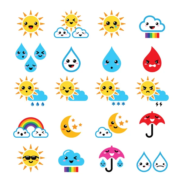 Sol bonito, arco-íris, lua, chuva e nuvem - Kawaii, Manga ícones — Vetor de Stock