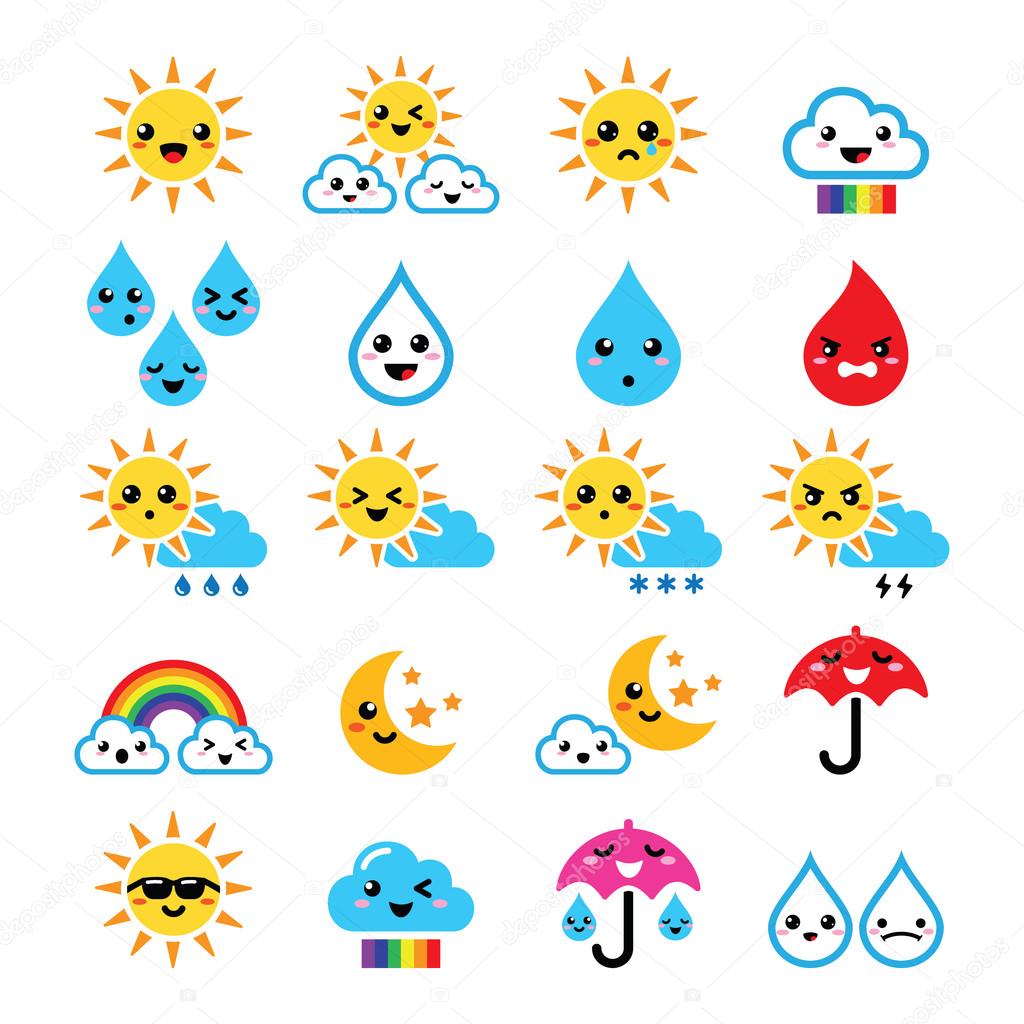 Cute sun, rainbow, moon, rain and cloud - Kawaii, Manga icons