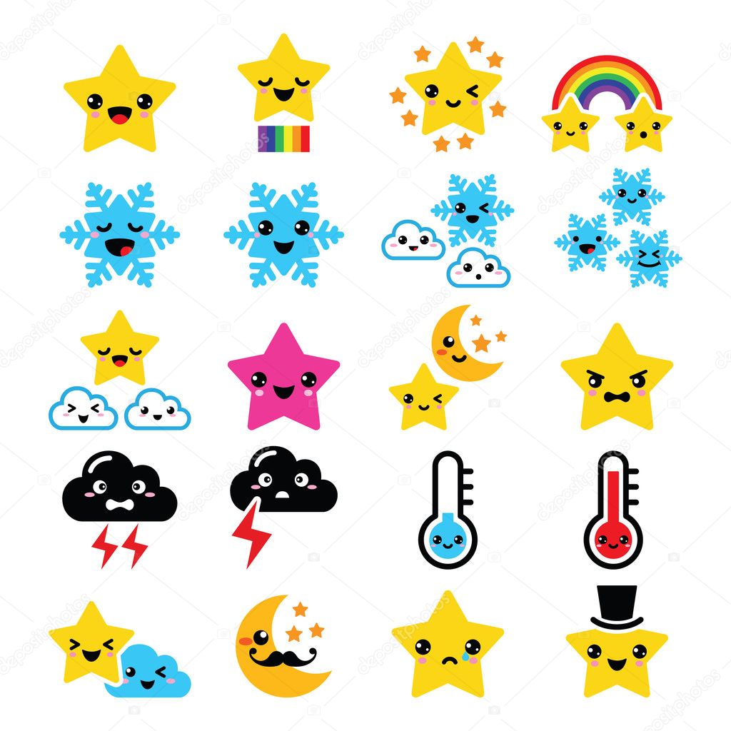 Cute weather kawaii icons -star, rainbow, moon, snowflake, thunders and cloud
