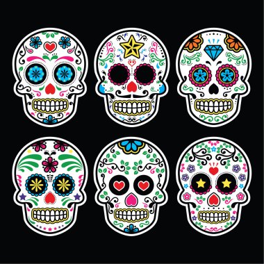 crânio de açúcar mexicano, dia de los muertos ícones definido em fundo preto